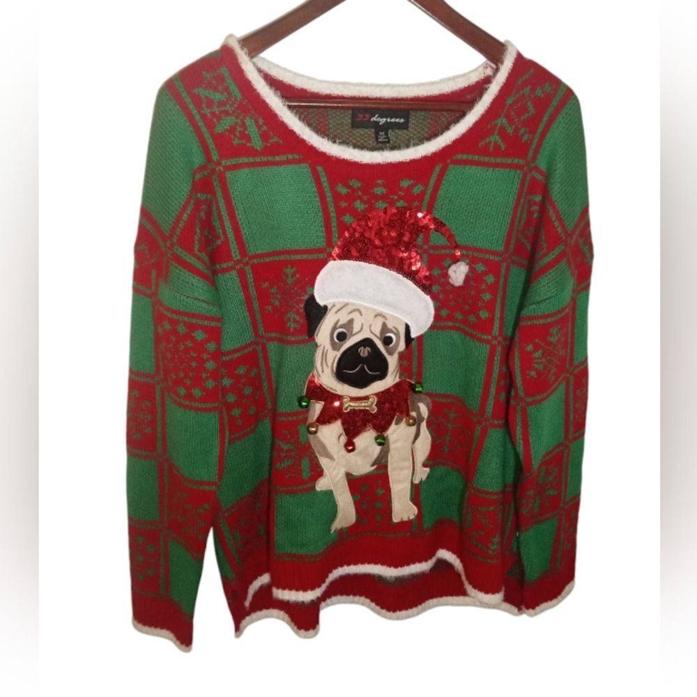33 degrees Pug Puppy Bells Ugly Christmas Plaid Sweater Size XL